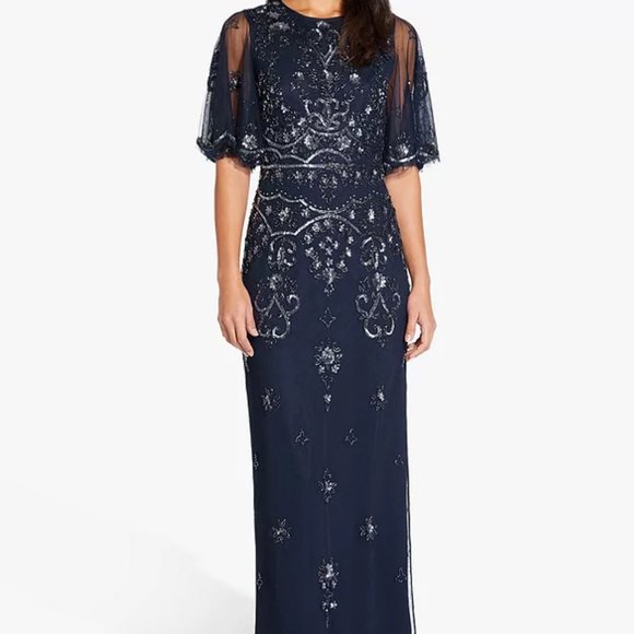Adrianna Papell Beaded Wide Sleeve Gown, Midnight - Picture 1 of 9